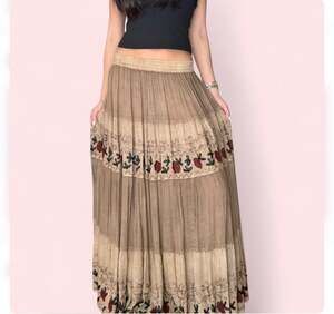 Coachella Vintage Metro Wear Boho Embroidered Floral Tiered Maxi Skirt